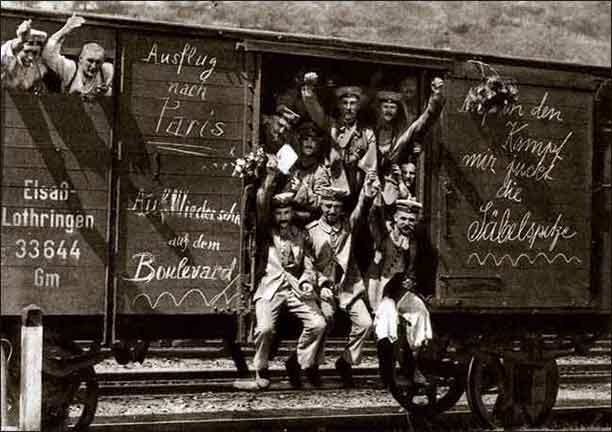 German soldiers in a railroad car on the way to the front during early World War I