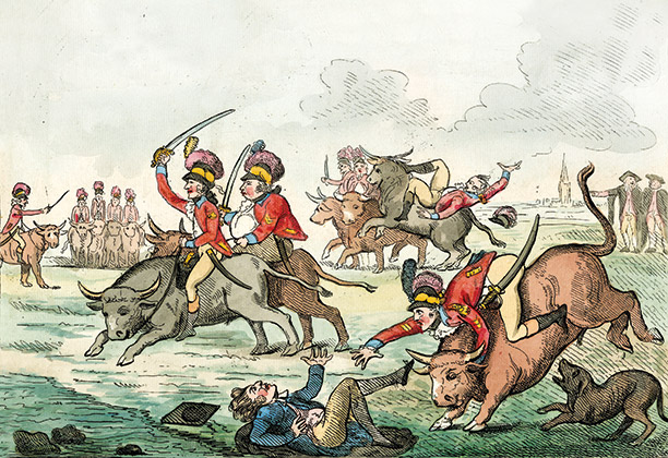 'The Oxfordshire Cavalry Protecting their Beef', a 1794 print satirising the rural roots of the yeomanry.