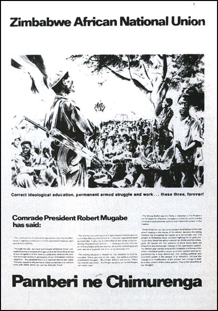 A guerrilla poster during the war stressing the historical link of 'Chimurenga' between the struggle against the Smith regime and the original 1890s conflict with white settlers. Courtesy of the author. Poster