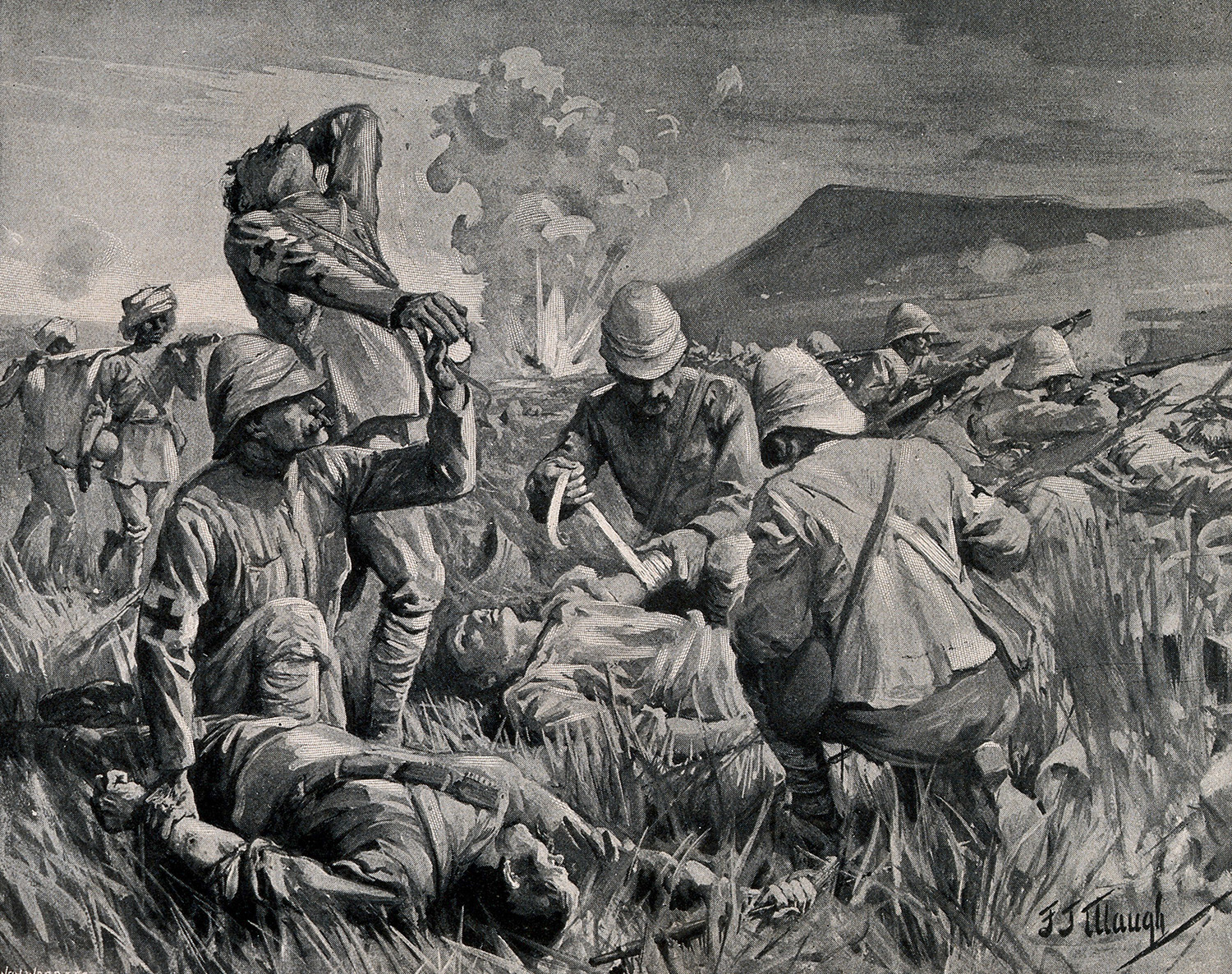 First aid to the wounded on the battlefield at Colenso during the Boer War, print after J.J. Waugh, c.1900.