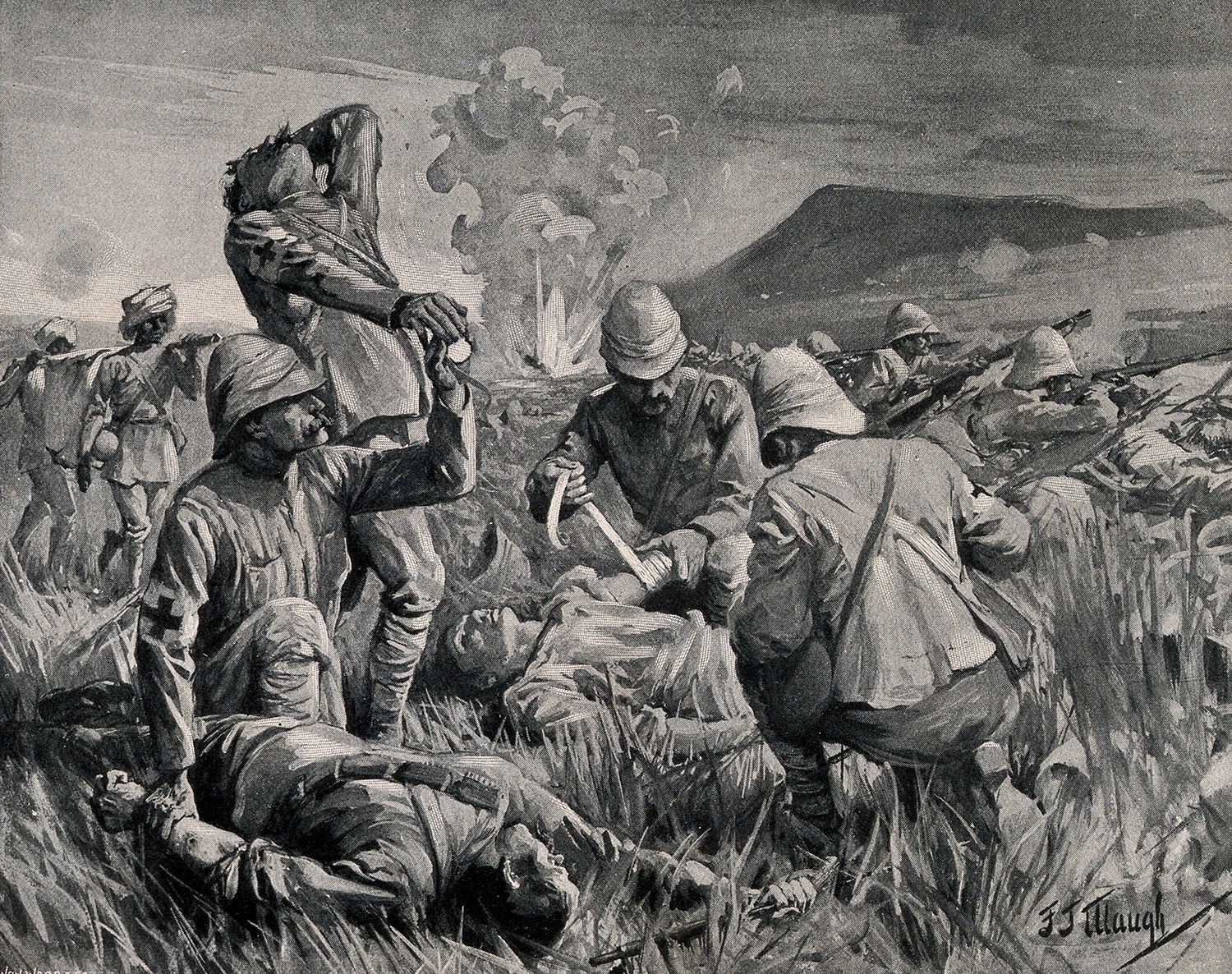 First aid to the wounded on the battlefield at Colenso during the Boer War, print after J.J. Waugh, c.1900.