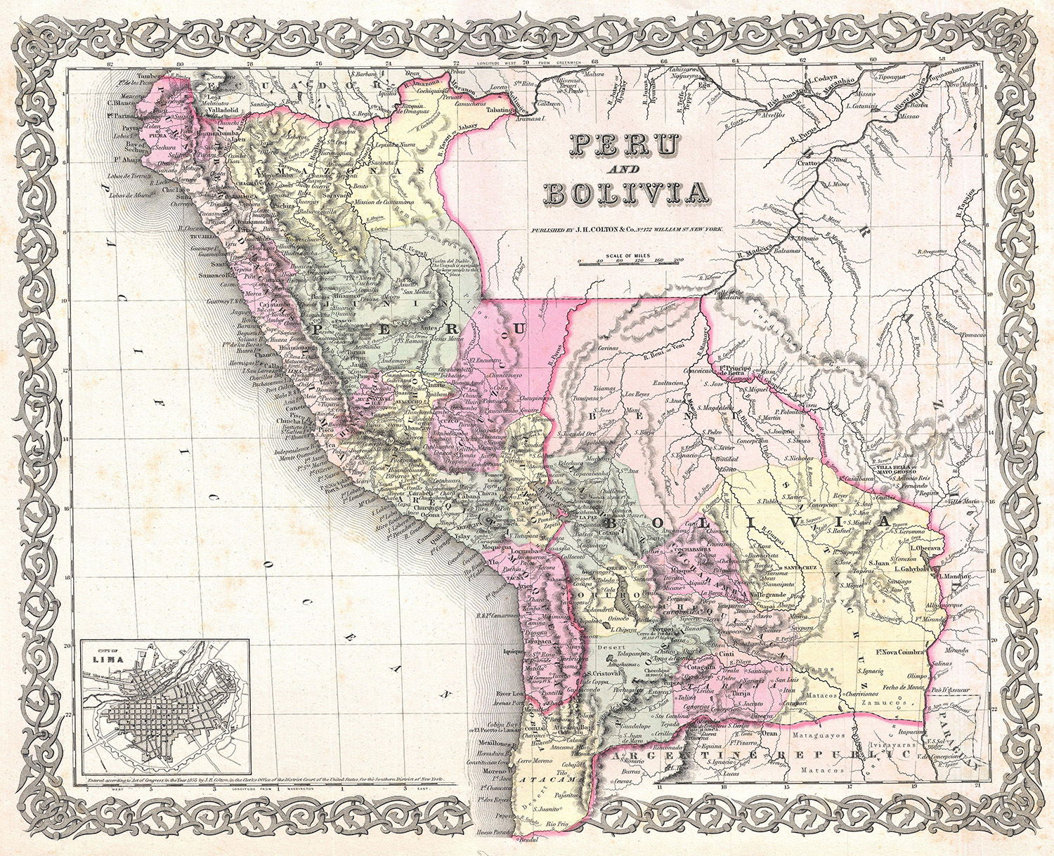 Map of Peru and Bolivia, 1855, by J.H. Colton. The northern Atacama desert is shown as part of Bolivian littoral territory at the bottom of the map. 