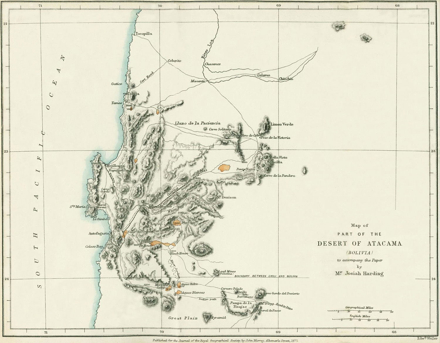 Map of the Atacama Desert, then part of Bolivia, 1877.