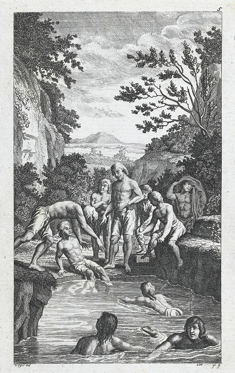 Boys swimming outdoors from Johann Guts Muths' Gymnastik für die Jugend, 1793. 