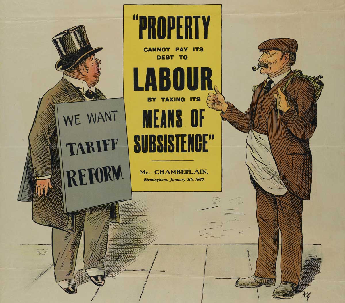 A rich man and a workman arguing about the budget introduced by the Liberal Government in the United Kingdom (detail). Colour lithograph, ca. 1909. Wellcome Collection.