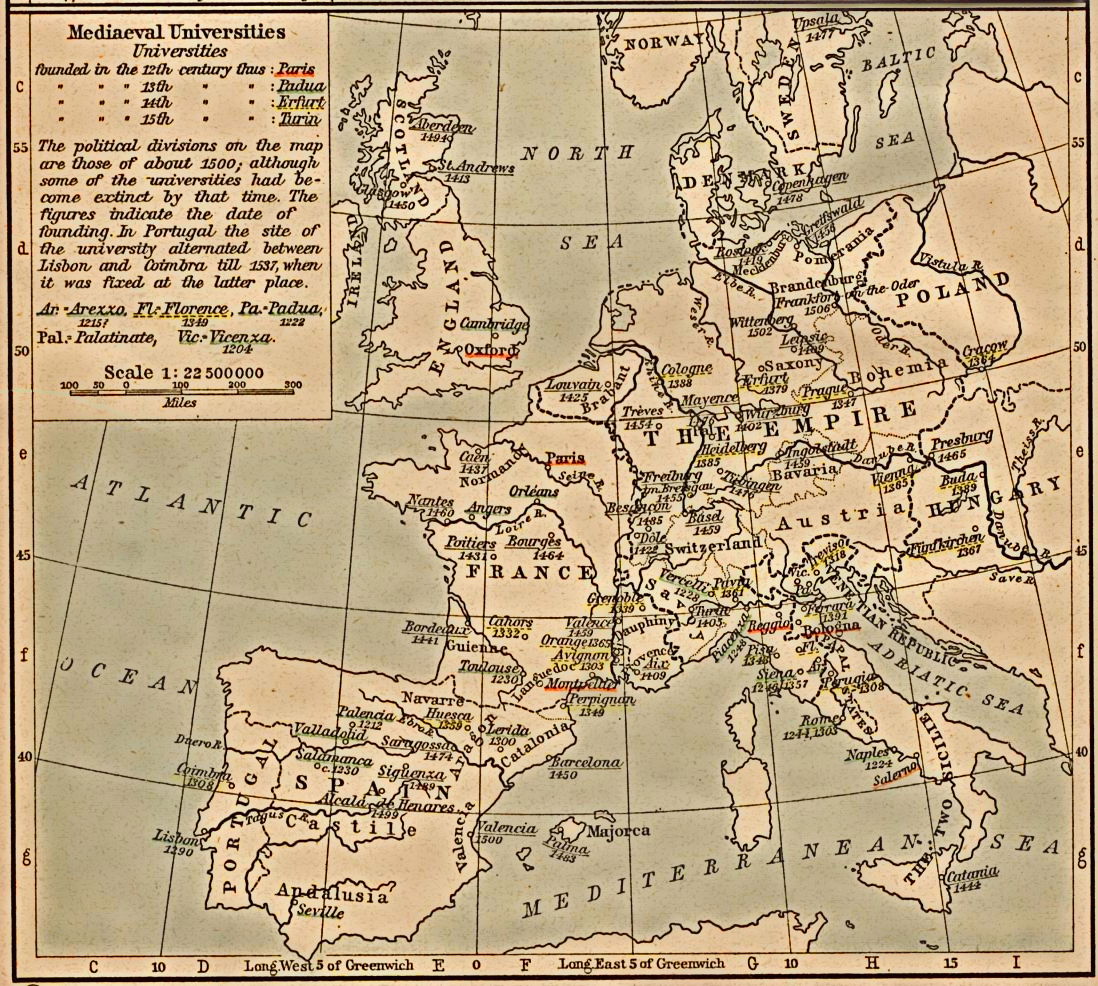 Map of medieval universities from William R. Shepherd