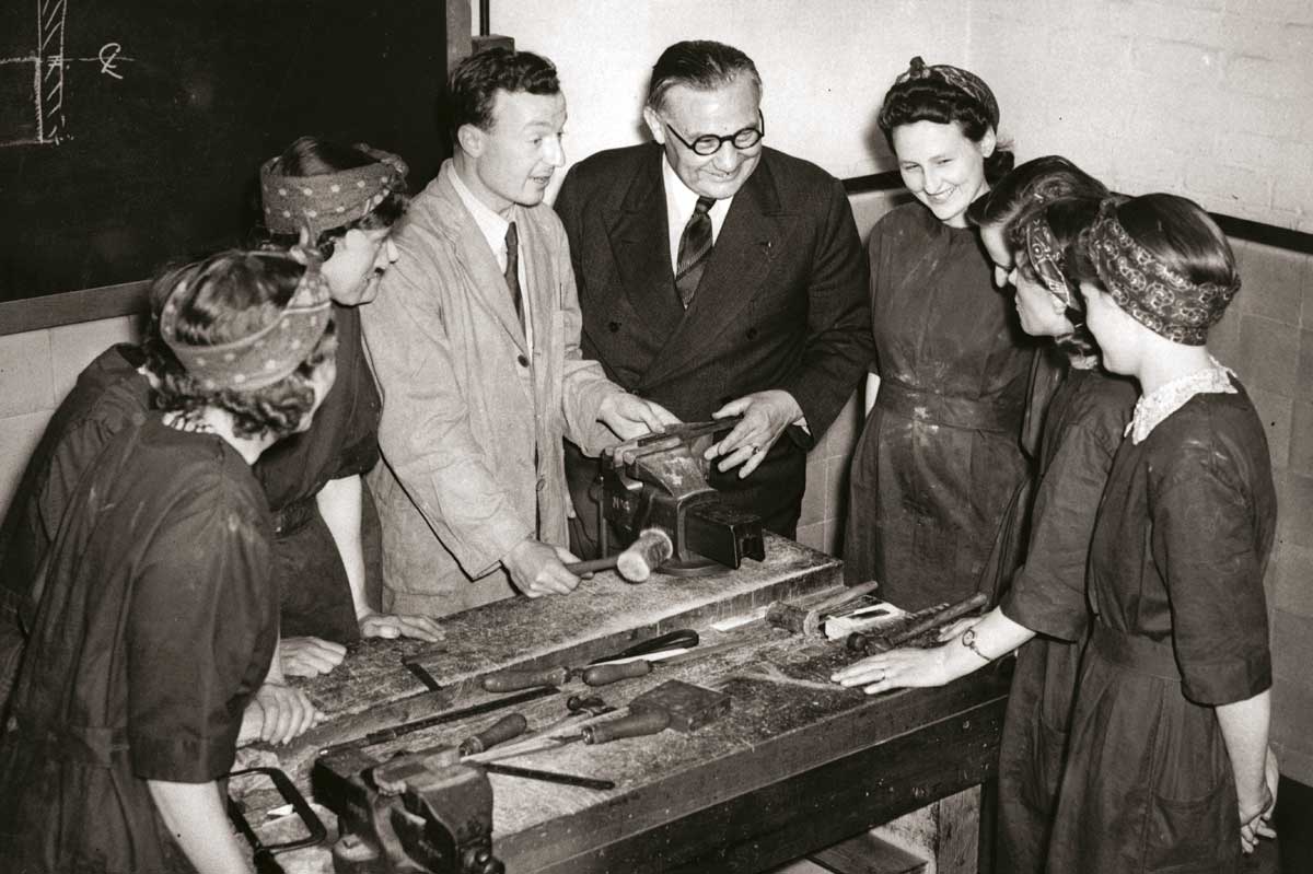 Ernest Bevin on a visit to the LCC Technical Institute, 30 June 1941 © Hulton Getty Images.