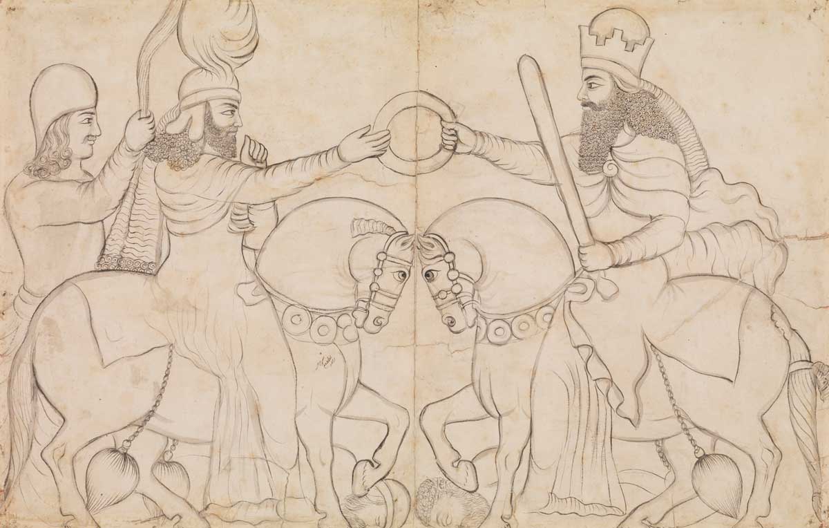 Drawing of Sasanian rock relief: Ardashir I (r. AD 224-241) and the Zoroastrian divinity Ahura Mazda at Naqsh-i Rustam, southern Iran. Drawing AD 1860, Lutf 'Ali Khan. Metropolitan Museum of Art. Drawing of Sasanian rock relief: Ardashir I (r. A.D. 224-241) and the Zoroastrian divinity Ahura Mazda at Naqsh-i Rustam, southern Iran. Drawing AD 1860, Lutf 'Ali Khan. Metropolitan Museum of Art.