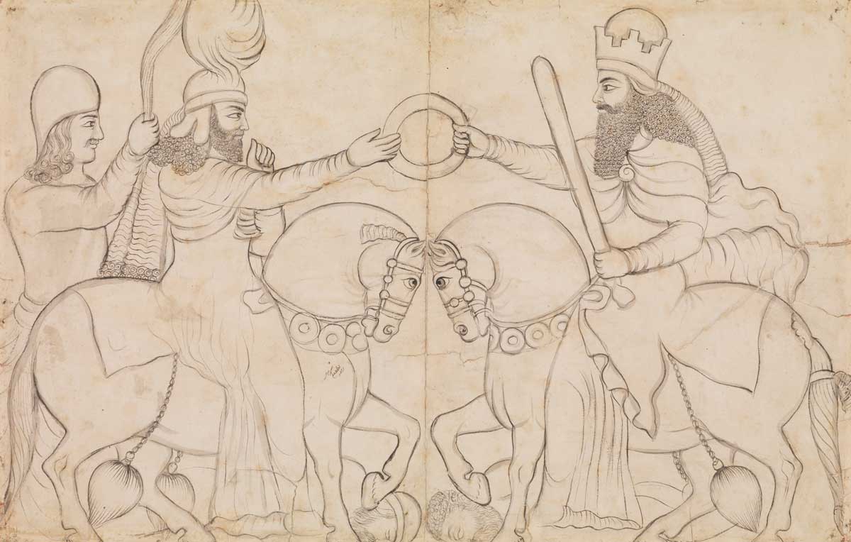 Drawing of Sasanian rock relief: Ardashir I (r. A.D. 224-241) and the Zoroastrian divinity Ahura Mazda at Naqsh-i Rustam, southern Iran. Drawing AD 1860, Lutf 'Ali Khan. Metropolitan Museum of Art.