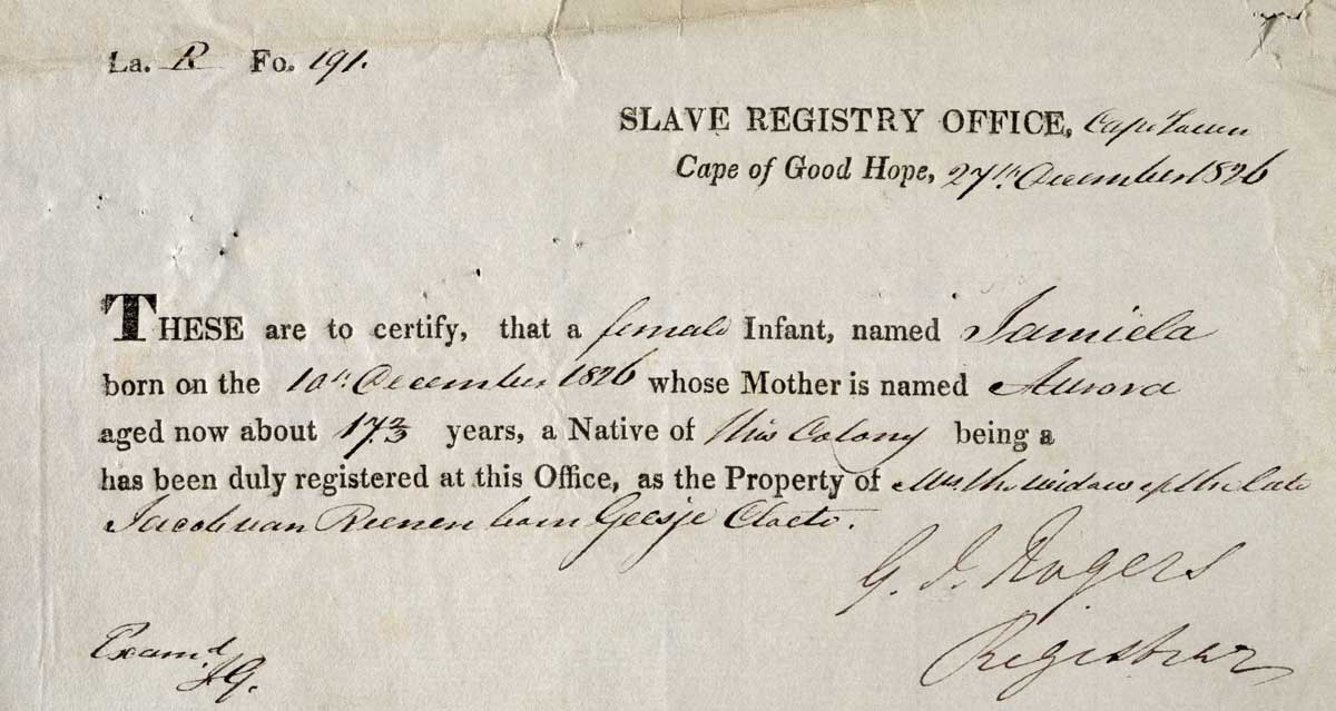 A slave registration certificate for a female infant, Jamiela, Cape Town, 27 December 1826. Michael Graham-Stewart/Bridgeman Images.