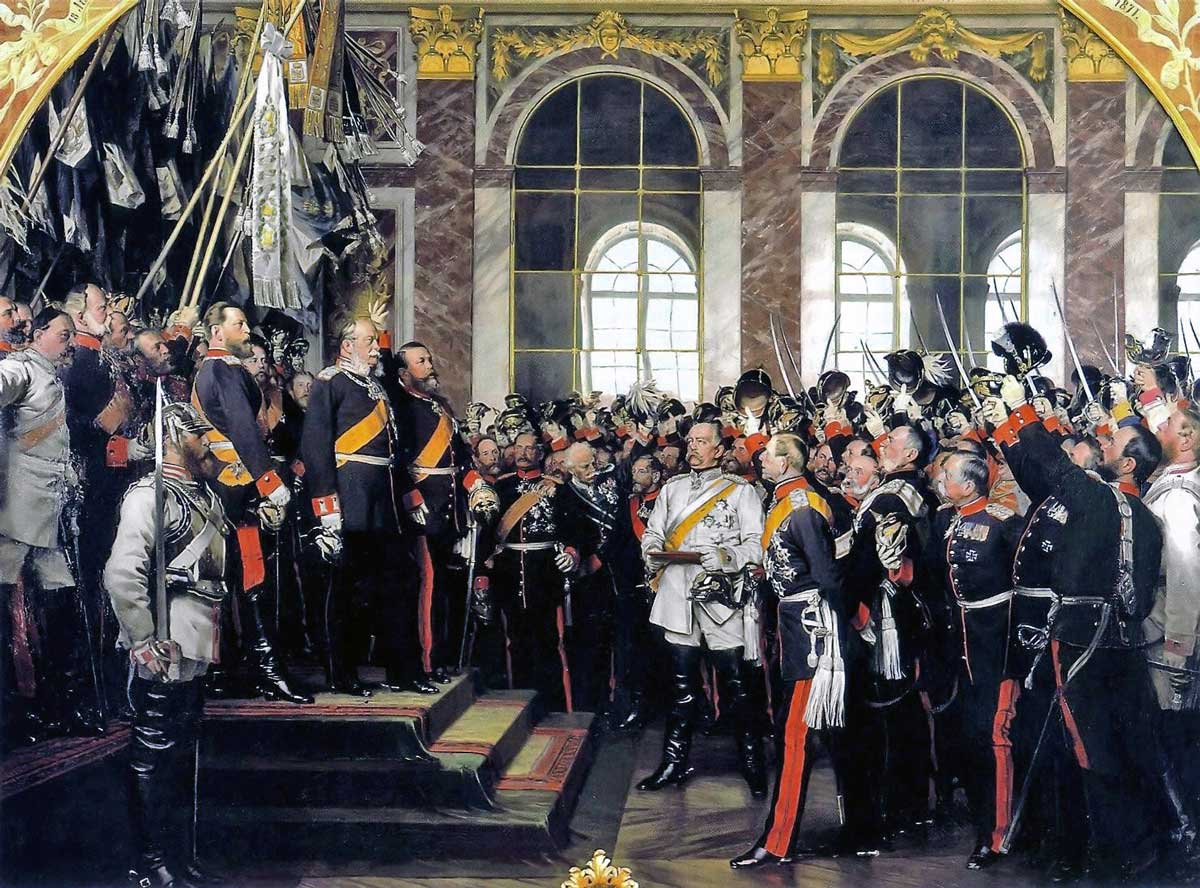Proclamation of Prussian king Wilhelm I as German Emperor at Versailles, Anton von Werner, 1885. Wiki Commons.