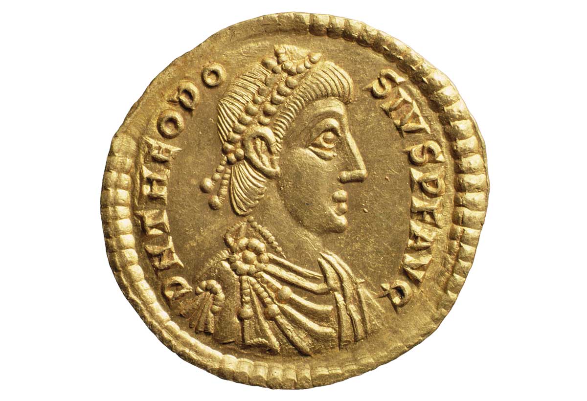 A Solidus (obverse) of Theodosius I (r. 379-395). Bridgeman Images.