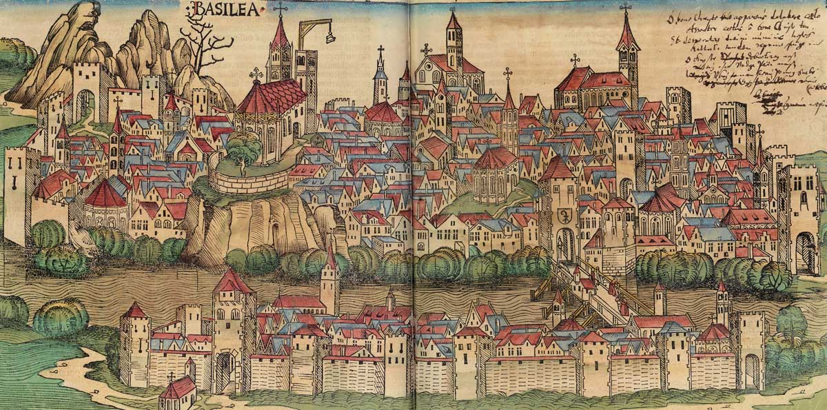 Basel, depicted in a page from the Nuremberg Chronicle, 1493. Wiki Commons.