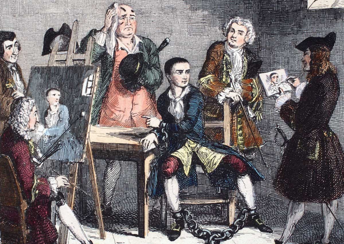 Jack Sheppard sits for Hogarth (right) and Thornhill (left), while talking to James Figg. Engraving by George Cruikshank, 1839 © Bridgeman Images.