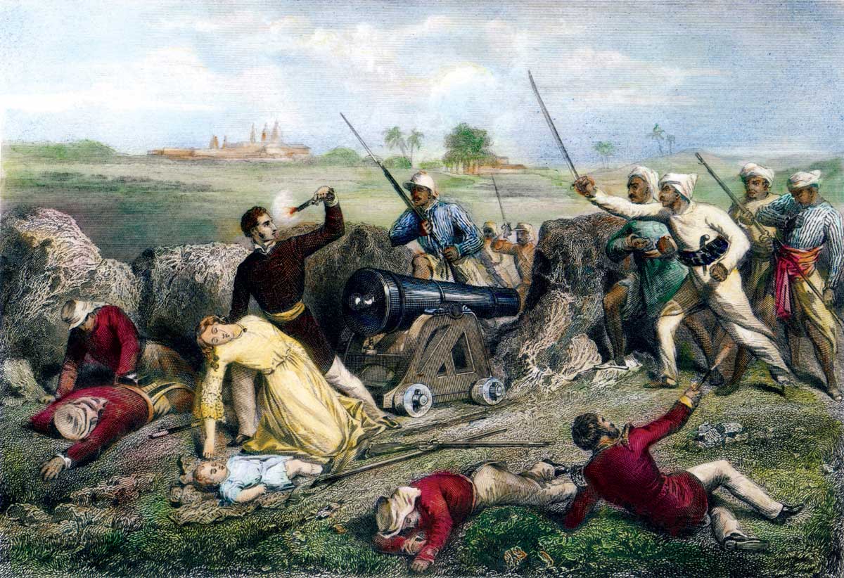The death of Captain Alexander Skene and his wife, Margaret Skene, at Jhansi, during the Sepoy Revolt, English coloured engraving, 19th century © Bridgeman Images