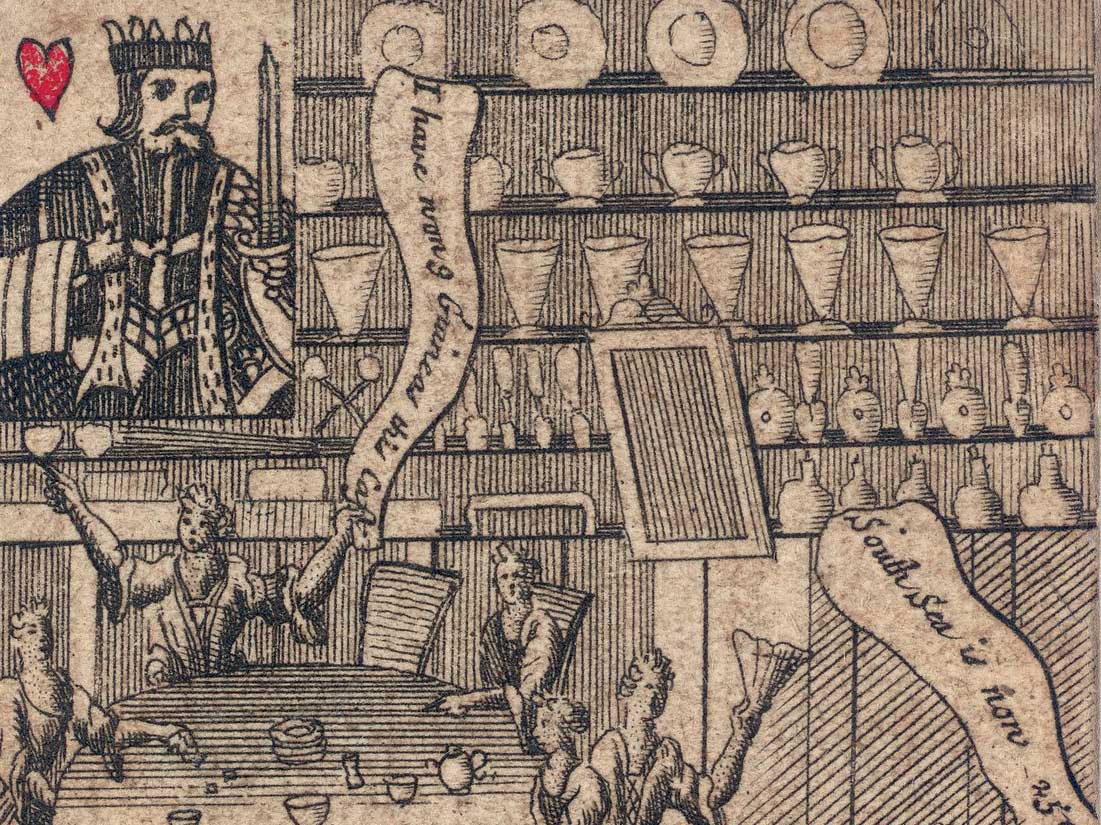 Detail of a playing card from a South Sea Bubble crash-themed pack, 1720s. Courtesy Harvard University. Detail of a playing card from a South Sea Bubble crash-themed pack, 1720s. Courtesy Harvard University.