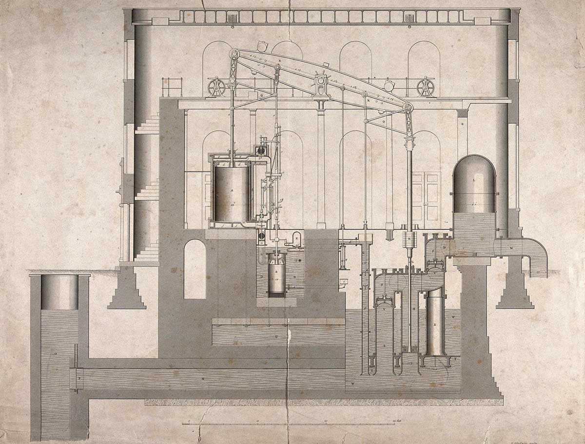 Longitudinal section of the Boulton & Watt engine erected at the East London Water Works, Old Ford. Thomas Wicksteed, 1842. Wellcome Collection.