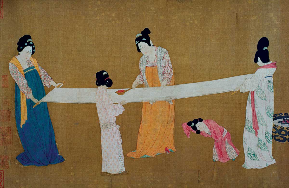 Court ladies preparing newly woven silk. Illustration attributed to Emperor Hui-Tsung, Chinese, c.12th century © Corbis/Getty Images.