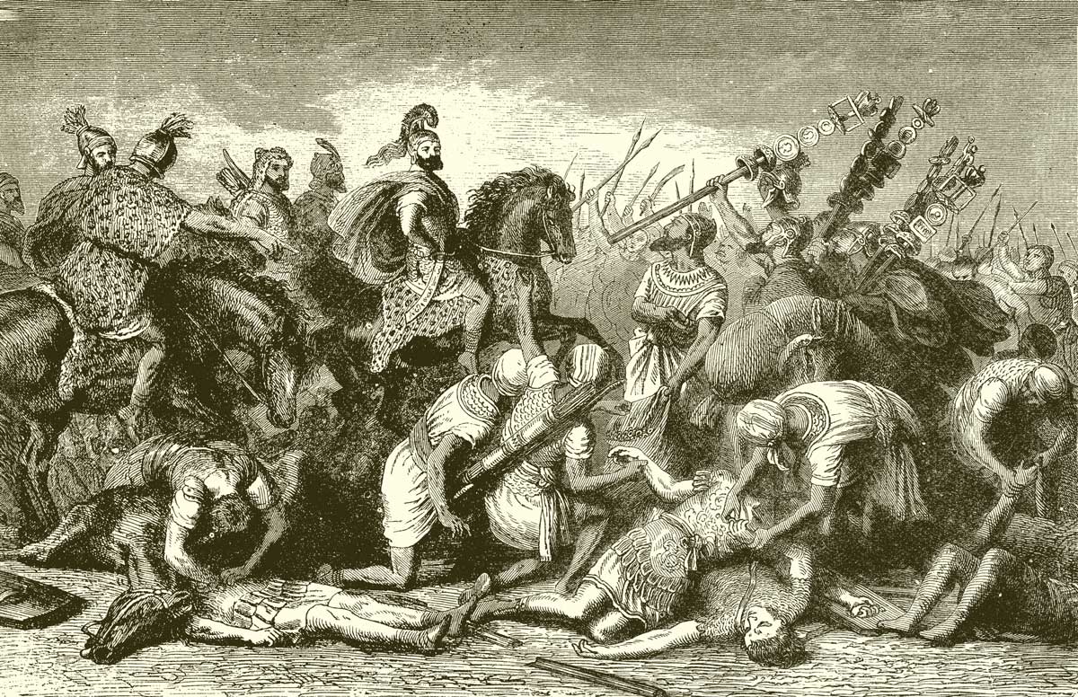  Hannibal’s troops take trophies from their dead Roman foes after the Battle of Cannae. English illustration, 19th century © Bridgeman Images.