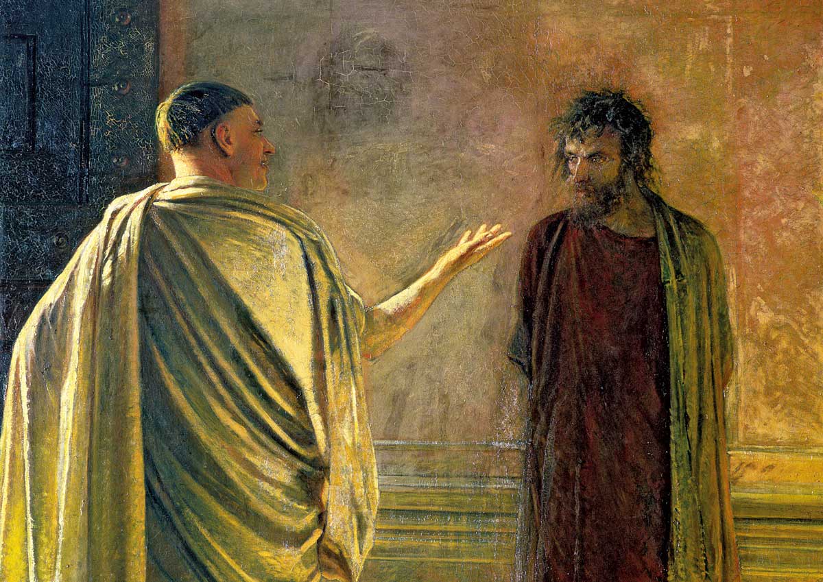 What is Truth? (Christ and Pilate), detail of a painting by Nikolai Nikolaevich, 1890. Bridgeman Images.