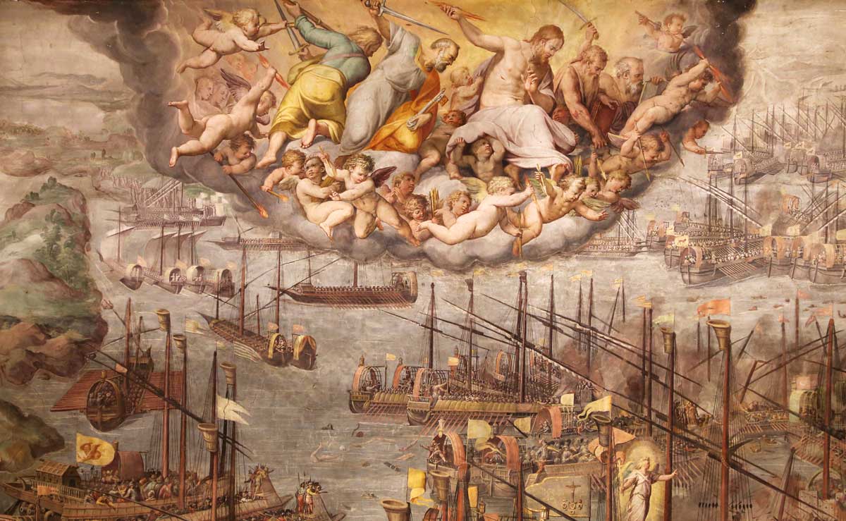 The Battle of Lepanto, by Giorgio Vasari, c.1572. Detail from a fresco in the Sala Regia, Apostolic Palace, Vatican City.
