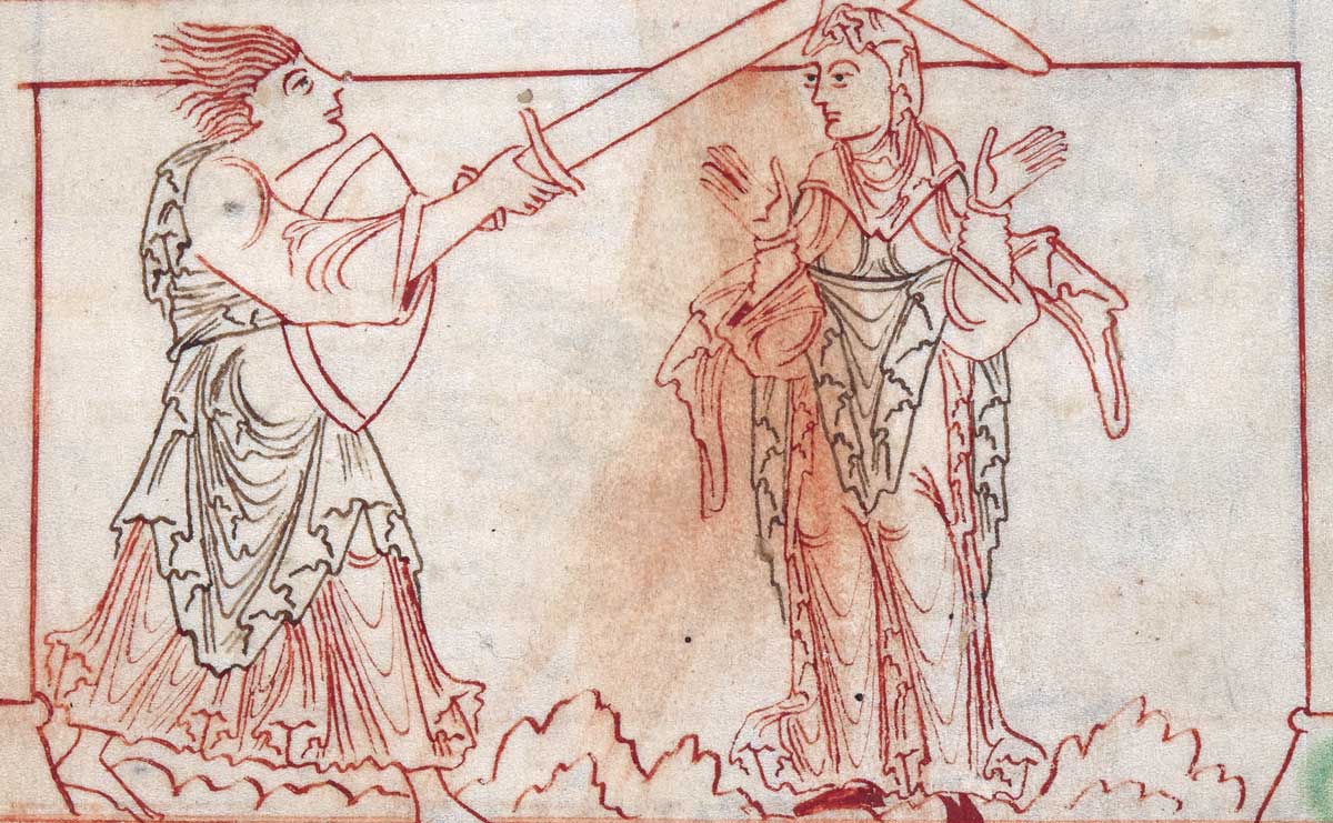 Ira attacking Patientia, from Prudentius’ Psychomachia, English, 11th century © Bridgeman Images.