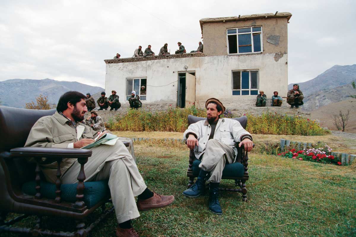 Ahmad Massoud (right) with adviser Abdullah Abdullah at his HQ, Charikar, Afghanistan, 1996 © British Library Board/Bridgeman Images.