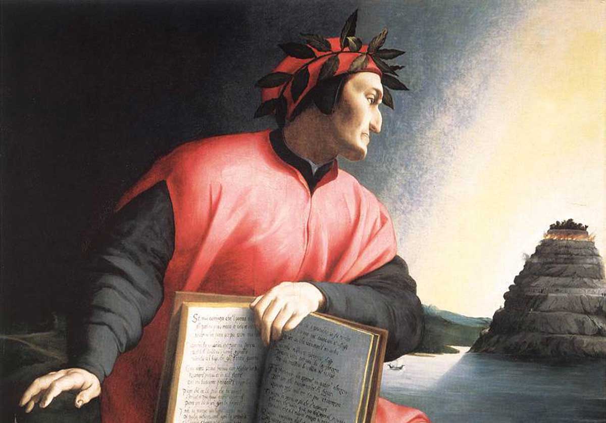 Dante Alighieri, holding a copy of The Divine Comedy, painting by Agnolo Bronzino, c.1530. Alamy.