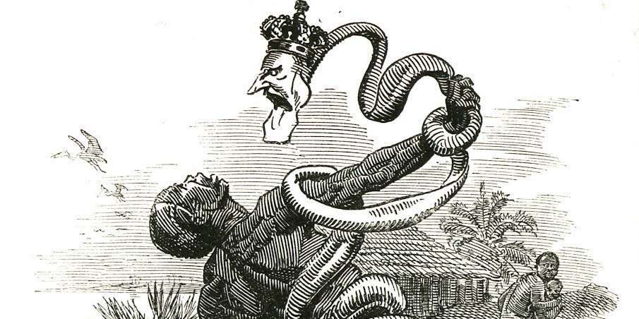 Detail from a Punch cartoon of King Leopold II of Belgium as a snake entangling a congolese rubber collector.