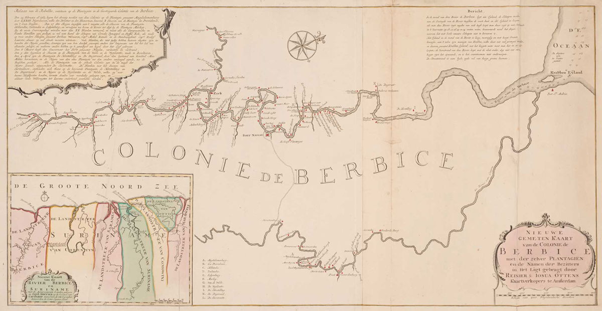 Map of the Berbice colony, with a story in cartouche about the uprising of 1763. Engraving published by Reinier and Josua Ottens, September 1763. Zeeland Archives.