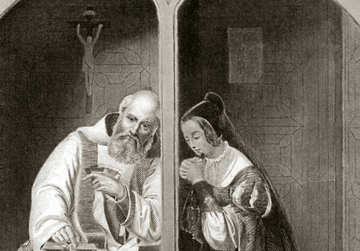 ‘The Confession’ by Stahlstich Wrankmore, steel engraving, 1847 © akg-images.