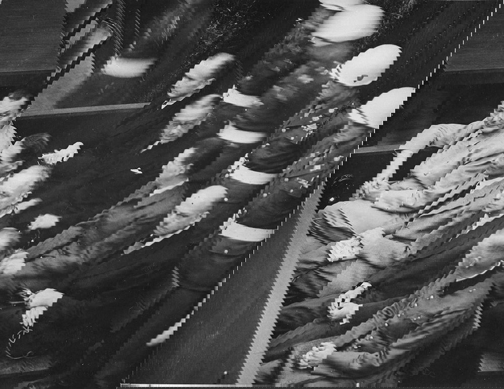 Defendants in the dock at the Nuremberg Trials, 1945. Wikimedia Commons.