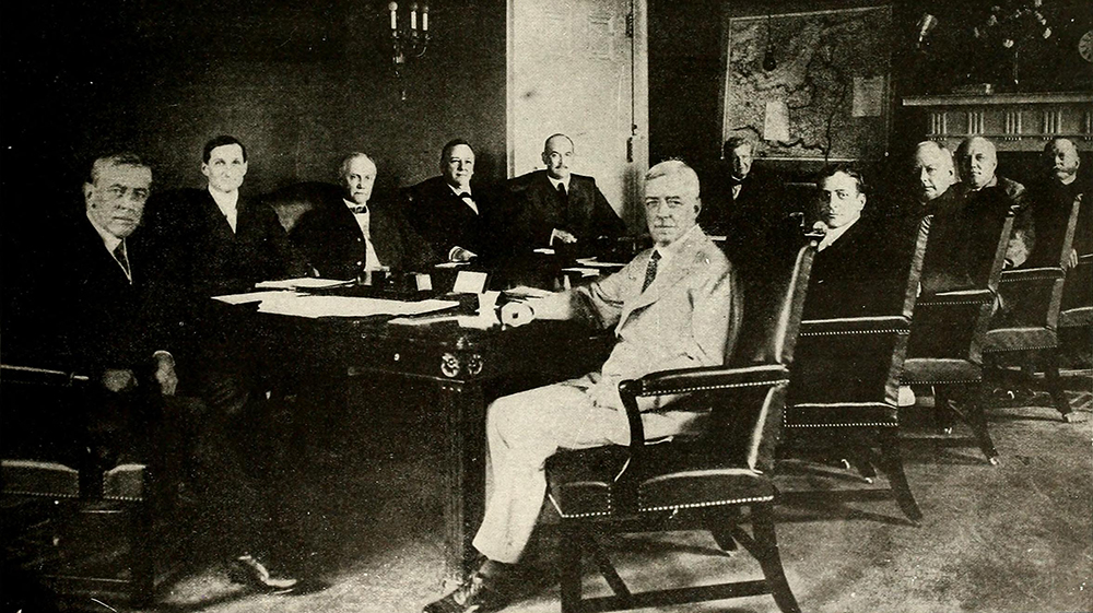 President Woodrow Wilson with his war cabinet, 1918. Wikimedia Commons.