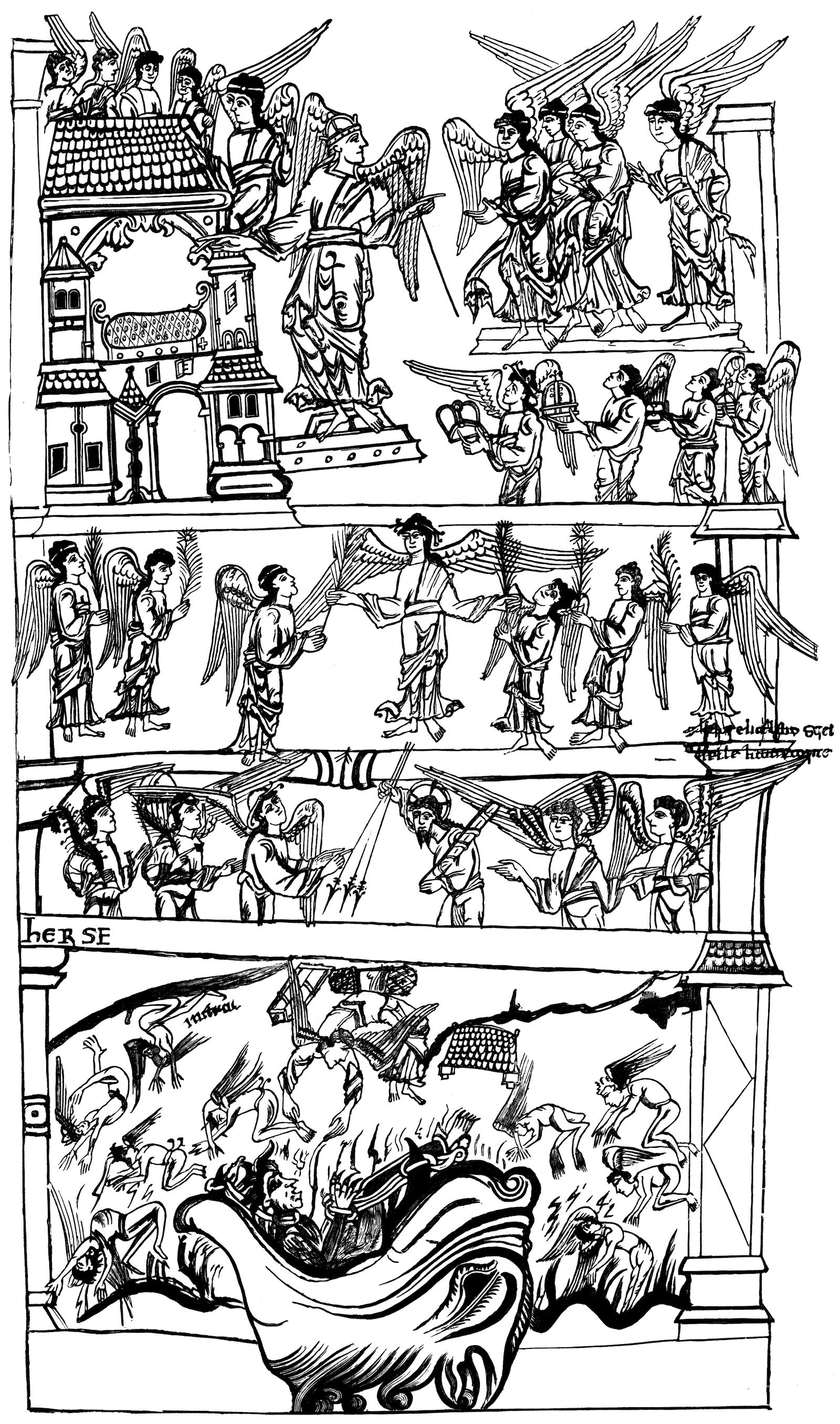 Angels are cast into the mouth of Hell, 20th-century illustration of the Cædmon Manuscript, 10th century. Lebrecht Authors/Bridgeman Images. Angels are cast into the mouth of Hell, 20th-century illustration of the Cædmon Manuscript, 10th century. Lebrecht Authors/Bridgeman Images.