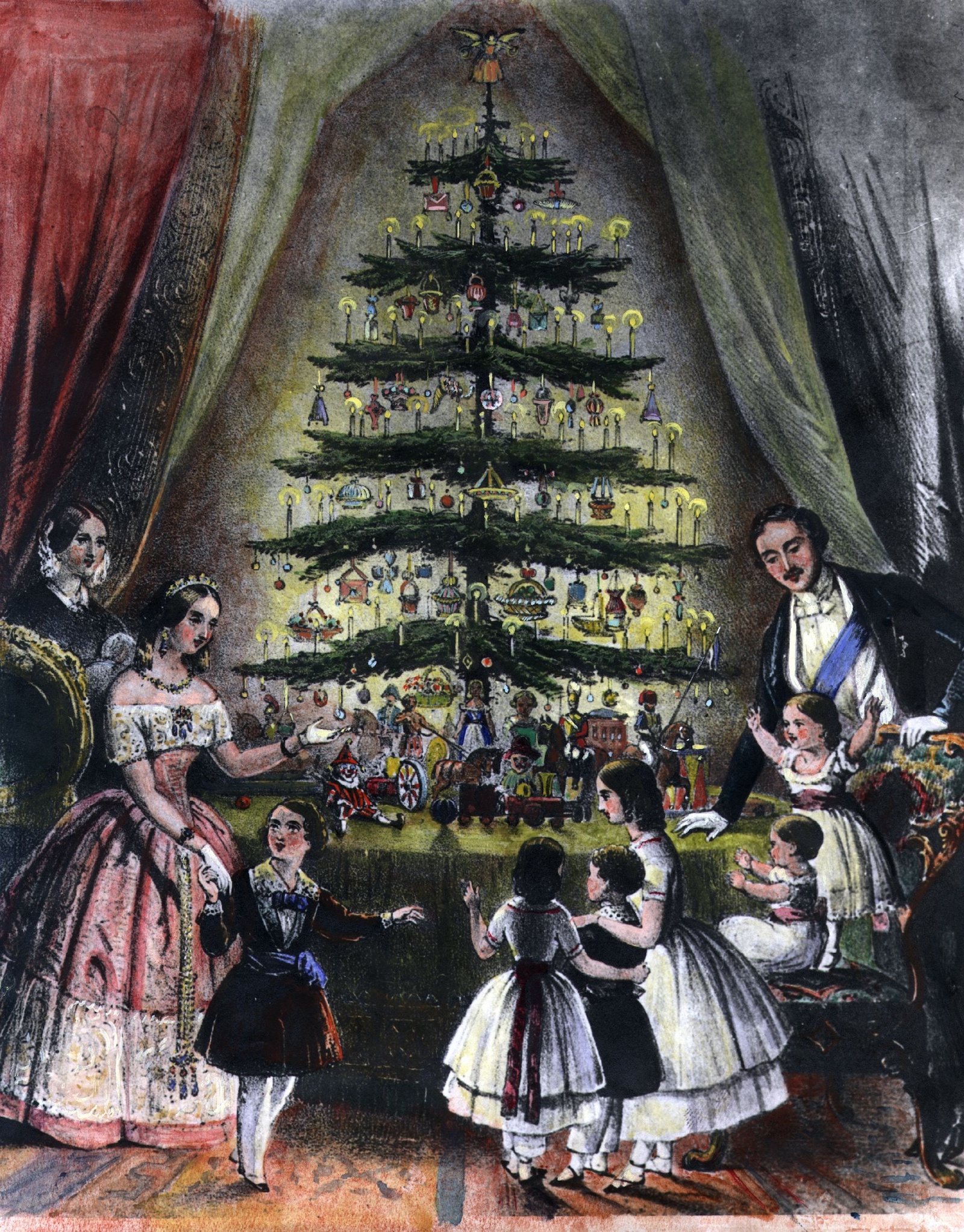 Queen Victoria, Prince Albert and their children gather around a Christmas tree, December 1848. Webster Museum. Public Domain.