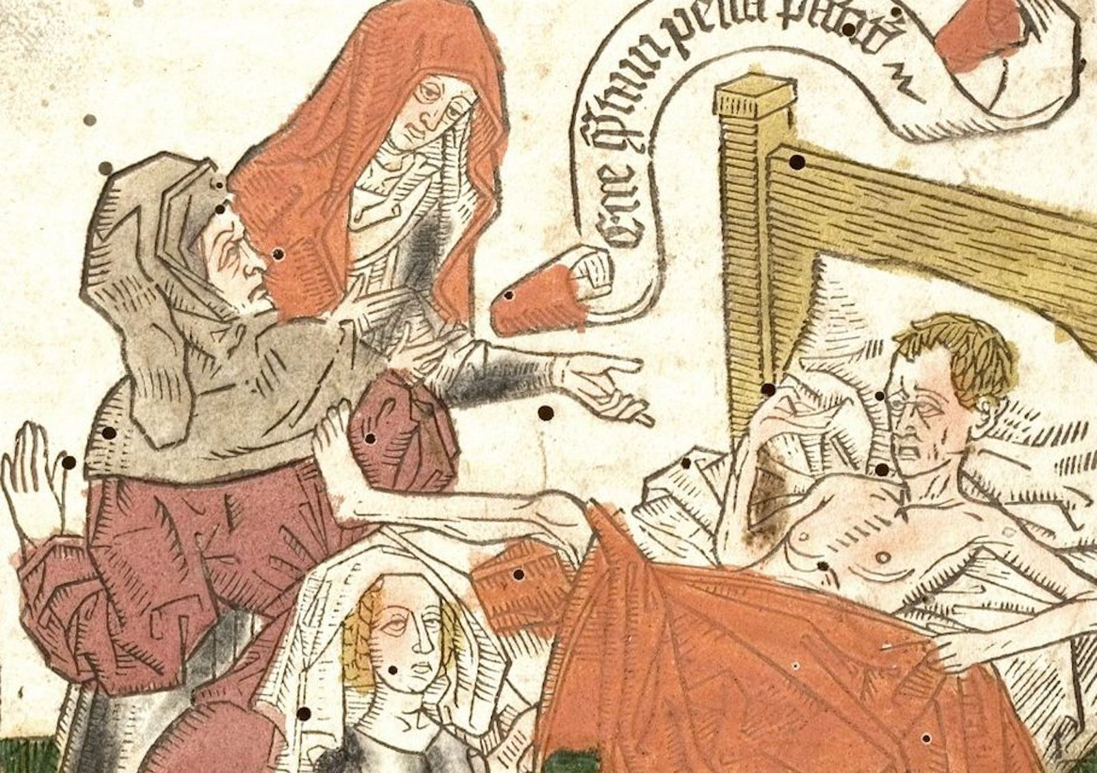 A dying man in his bed from a 15th century manuscript. Universitätsbibliothek Heidelberg. Public Domain.