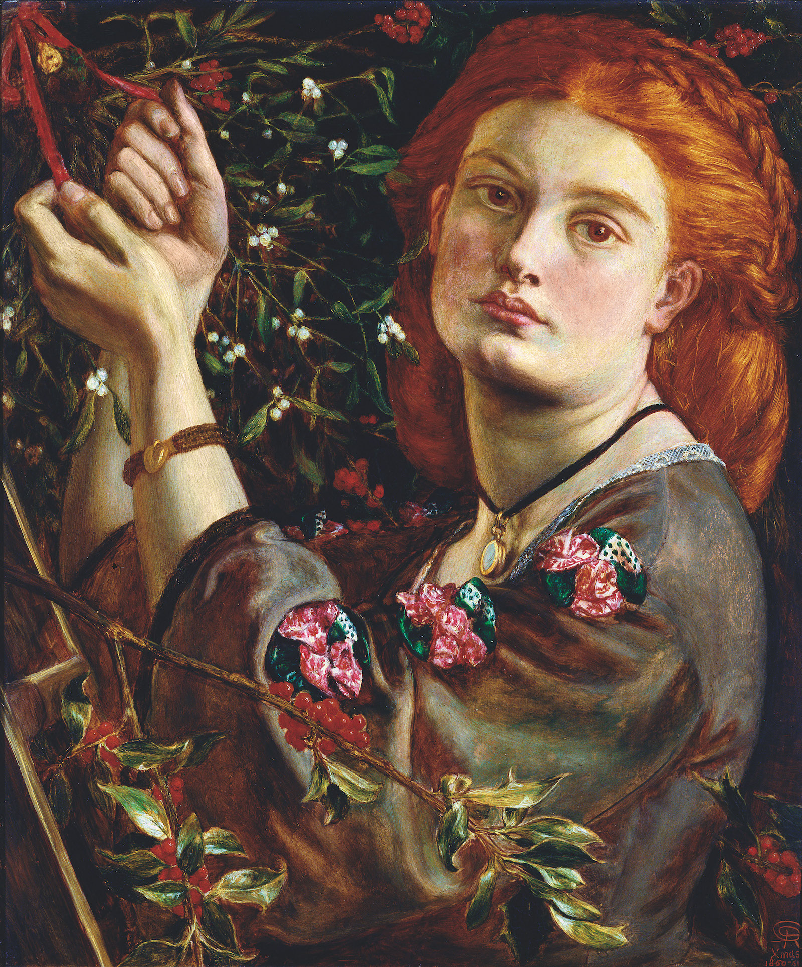 ’Hanging the Mistletoe‘ by Dante Gabriel Charles Rossetti, 1860. Bridgeman Images.
