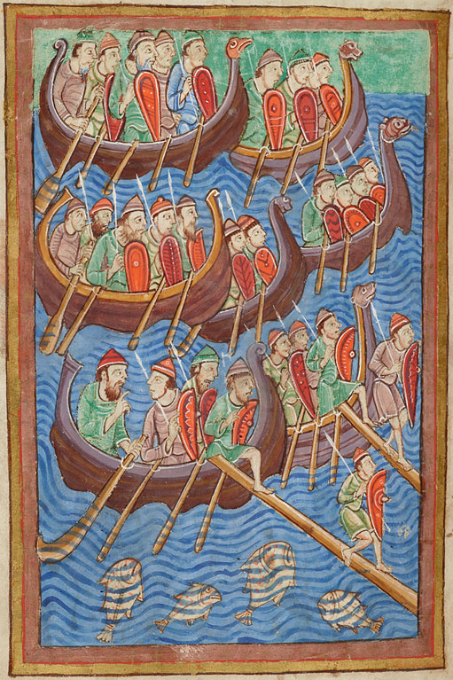 Sea-faring Norseman, illuminated illustration from the Miscellany on the Life of St. Edmund, c.1130. 