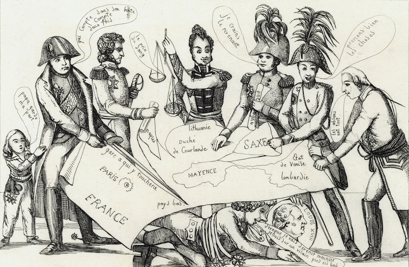 A caricature of the Great Powers dividing Europe at the Congress of Vienna, c. 1815. Deutsche Fotothek. Public Domain.