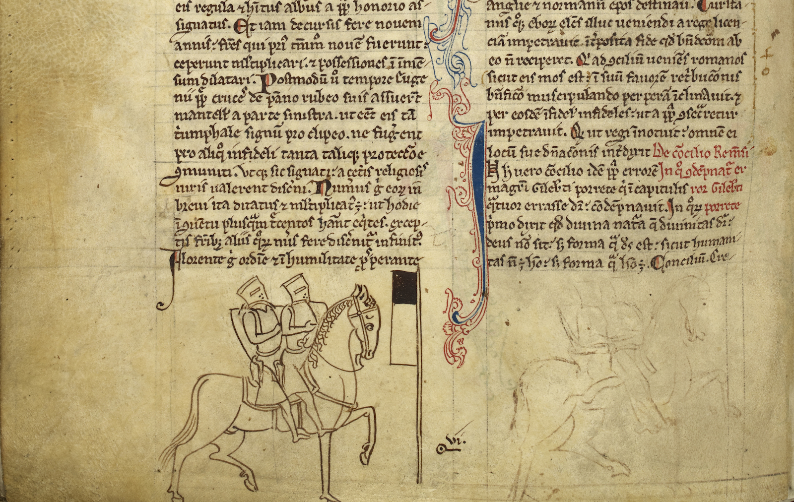 Two Templar Knights on one horse, symbol of the Knights Templar, illustration from Matthew Paris' 'Historia Anglorum', 1250-54. © British Library Board. All Rights Reserved/Bridgeman Images.
