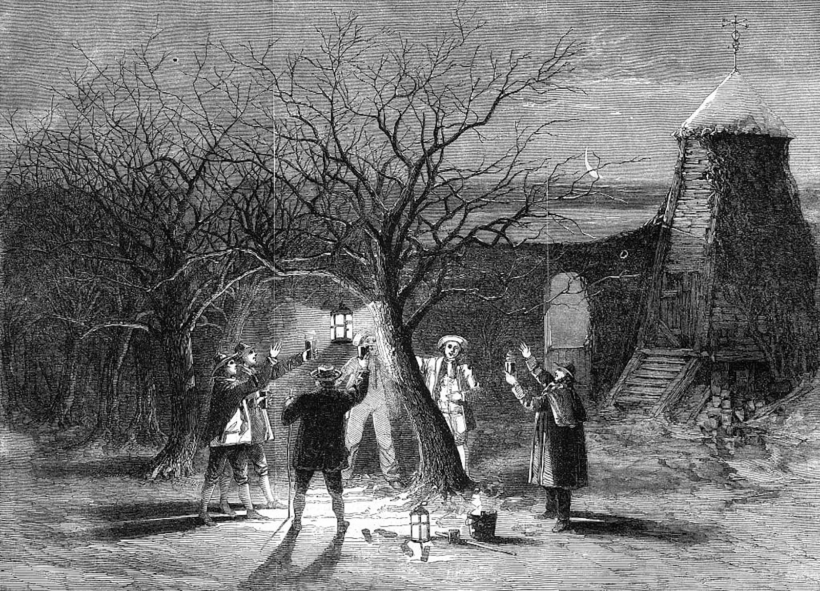 Wassailing apple trees with hot cider on Twelfth Eve, 1861. Chronicle/Alamy Stock Photo.