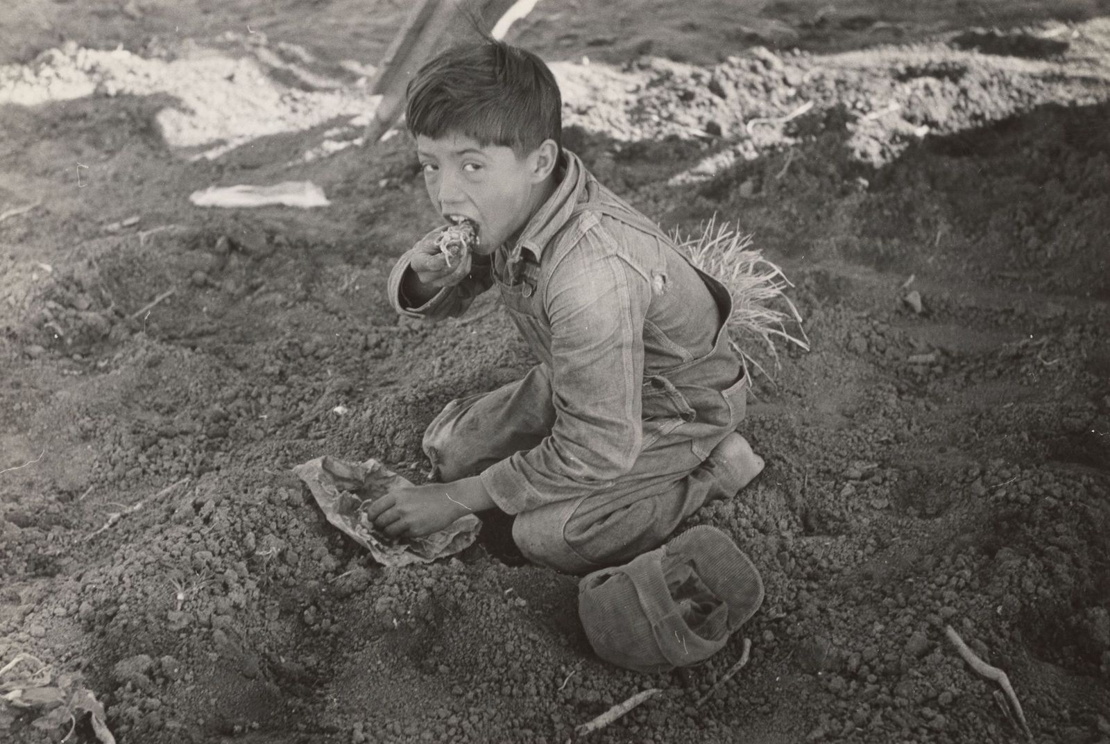 young Mexican agricultural worker eats a tortilla in a field near Santa Monica, Texas, 1939. New York Public Library. Public Domain.