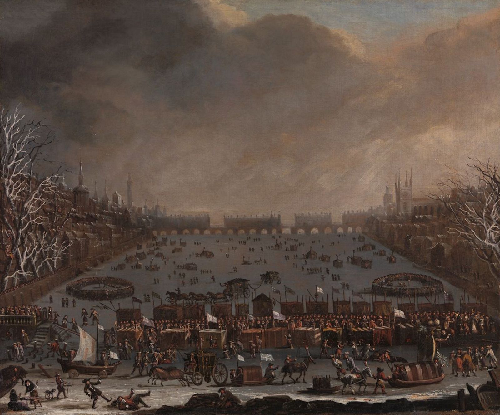 Frost Fair on the Thames, with Old London Bridge in the distance, unknown artist, c. 1684. Yale Center for British Art, Paul Mellon Collection. Public Domain.