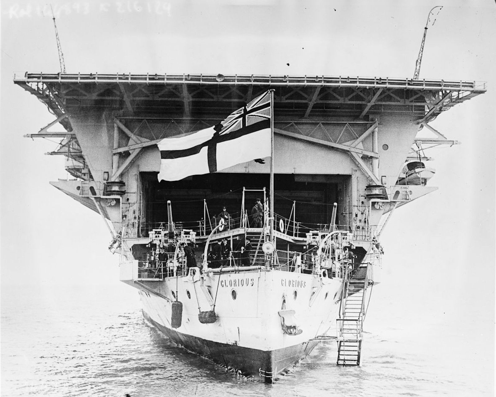 Agence Rol press photograph of HMS Glorious viewed from the stern, c. 1930. Bibliothèque nationale de France. Public Domain.