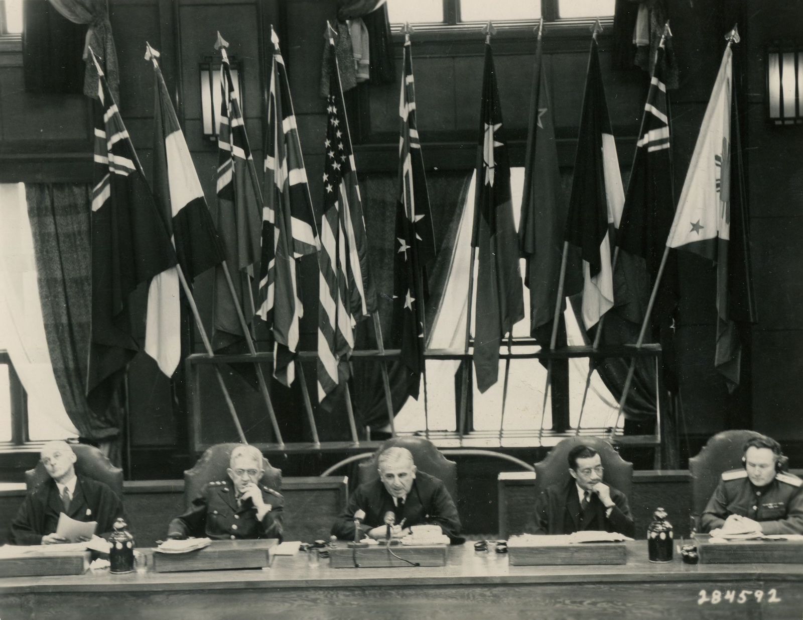 International Military Tribunal for the Far East judges on the bench, 3 March 1947. UVA LAW Special Collections (CC BY 4.0).