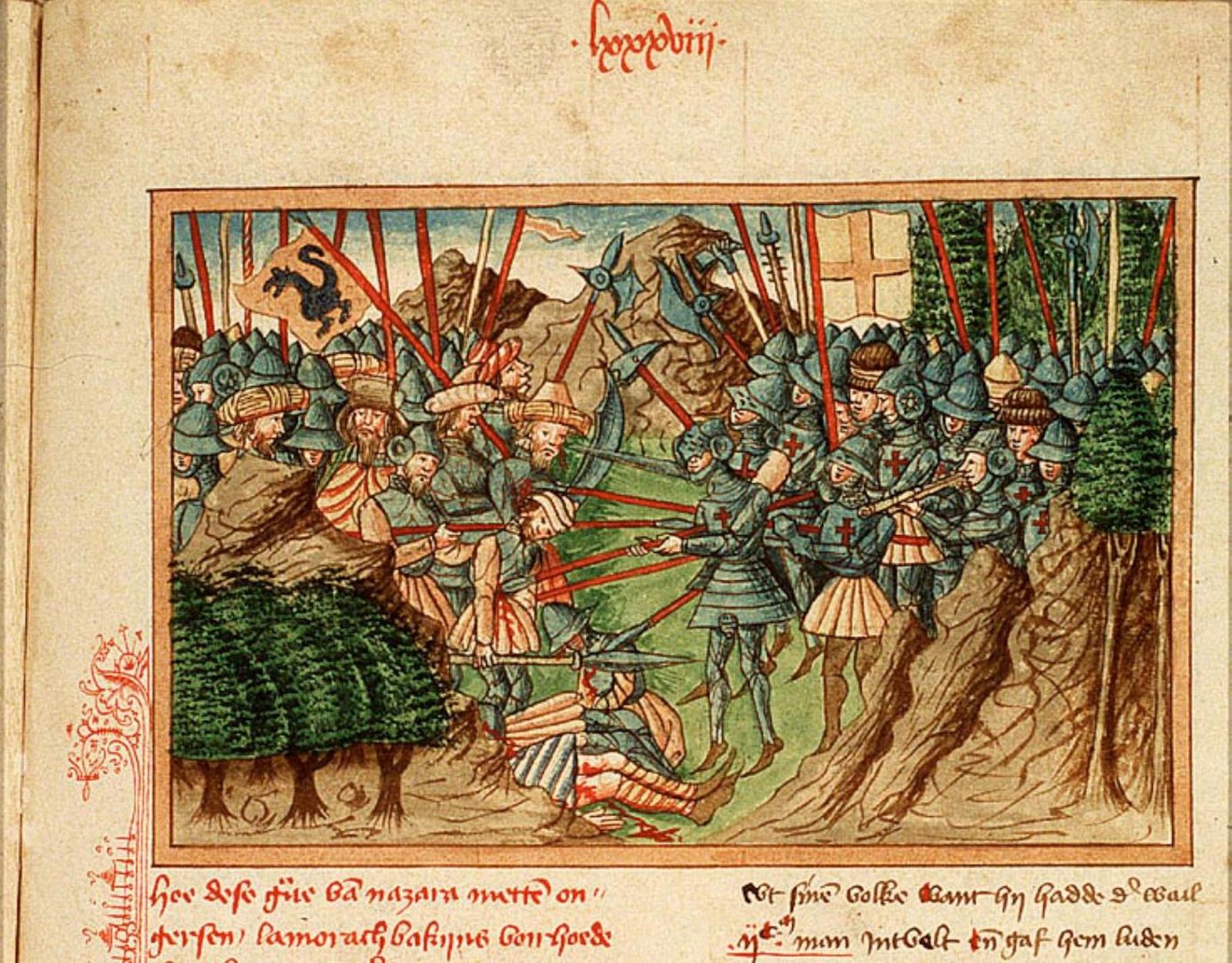 Ottoman Sultan Murad I and Prince Lazar of Serbia face one another at the Battle of Kosovo, manuscript from 1460. Koninklijke Bibliotheek. Public Domain.