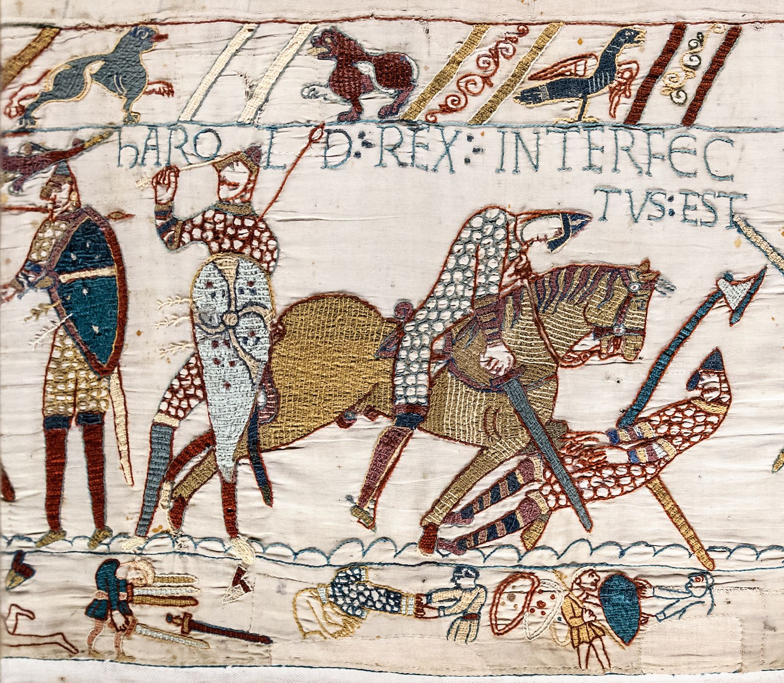 A scene from the Bayeux Tapestry, popularly believed to show the death of King Harold II of England. Myrabella. Public Domain.