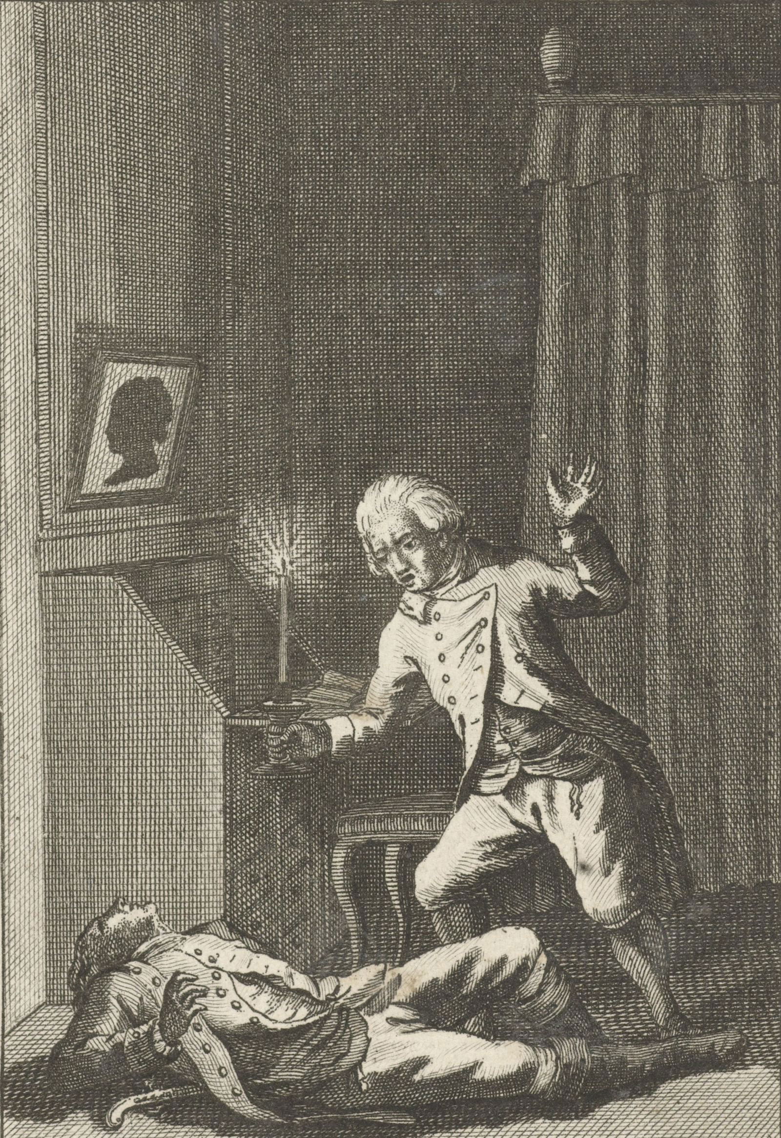 The servant finds the dying Wether in a scene from Goethe’s The Sorrows of Young Werther, by Jan Evert Grave, 1787. Rijksmuseum. Public Domain.