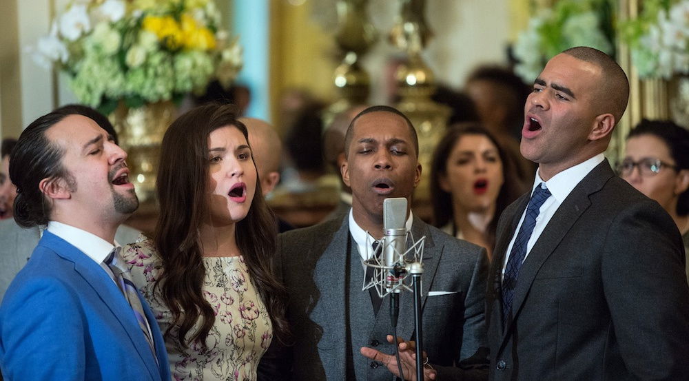 Cast members perform musical selections from the Broadway musical "Hamilton" in the East Room of the White House, March 14, 2016. Official White House photo by Amanda Lucidon. Public Domain.