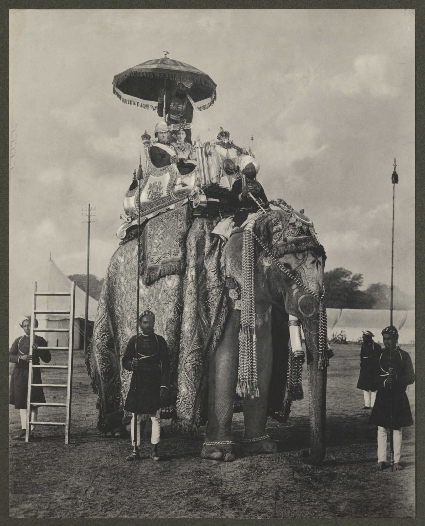 Lord and Lady Curzon ride an elephant in India, c. 1895. National Science and Media Museum. Public Domain.